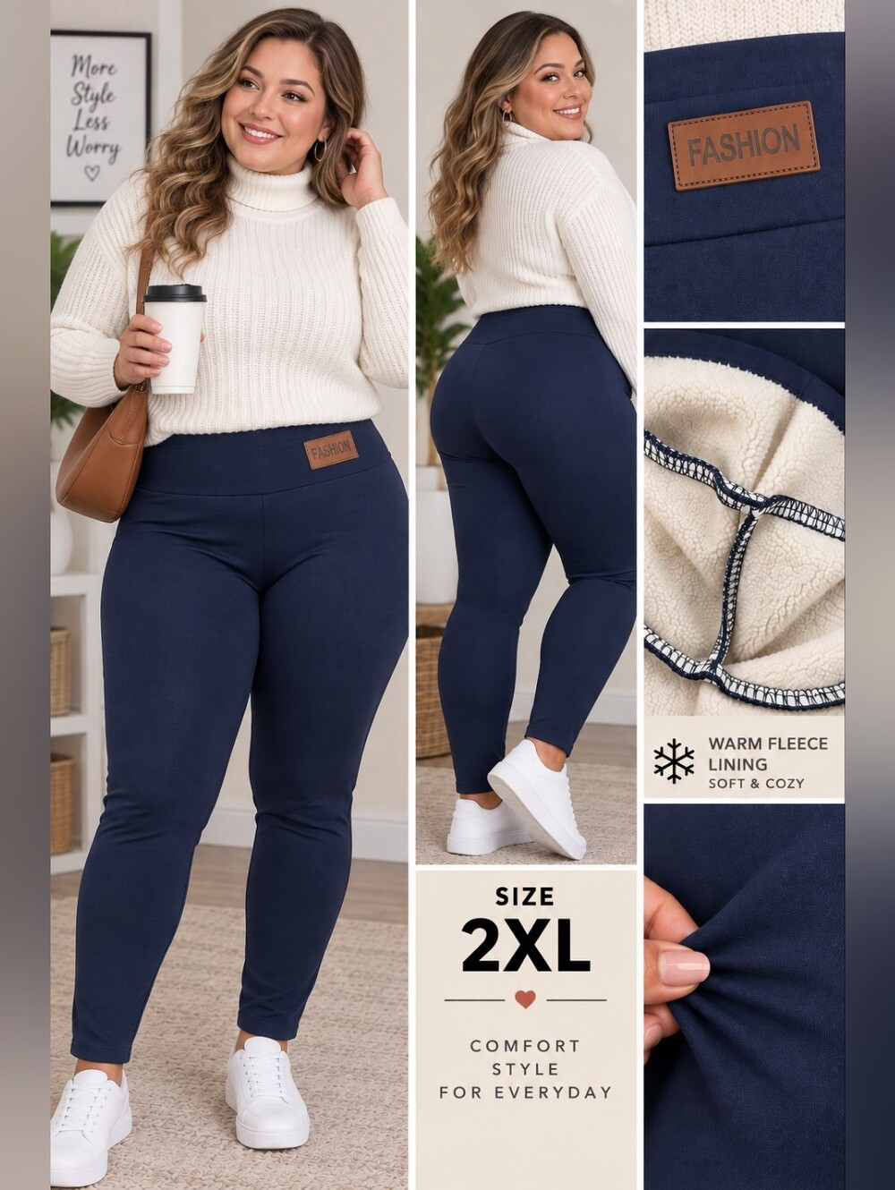 FASHION Fleece-Lined Leggings – Navy Blue – Size 2XL - Picture 1 of 5